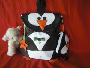 Sac d'école maternelle/crèche/sac à goûter/sac à doudou enfant pingouin en simili cuir noir et blanc